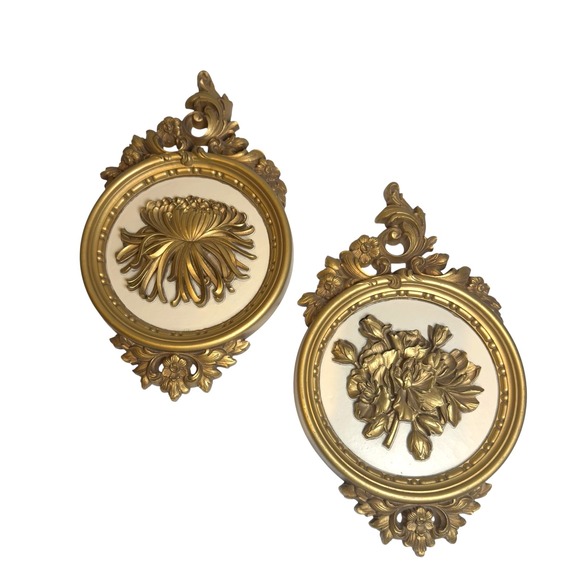 Syroco Other - Vintage Syroco 7490 B C Gold Floral Wall Plaques Pair Maximalist Regency 70s USA